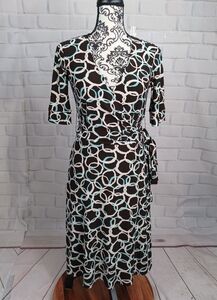 Chaps women's 3/4 sleeves geometric print dress size small faux wrap back tie b7